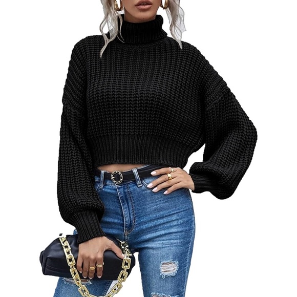 Turtleneck Knit Sweaters Casual Lantern Long Sleeve Pullover